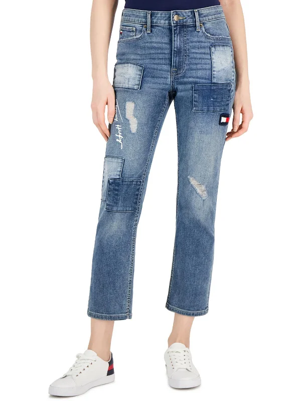 Womens Patchwork Distressed Ankle Jeans